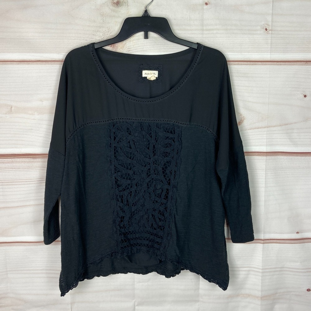 Meadow Rue Top Womens L Black Crochet Front Blouse Scoop Neck Knit 3/4 Sleeve